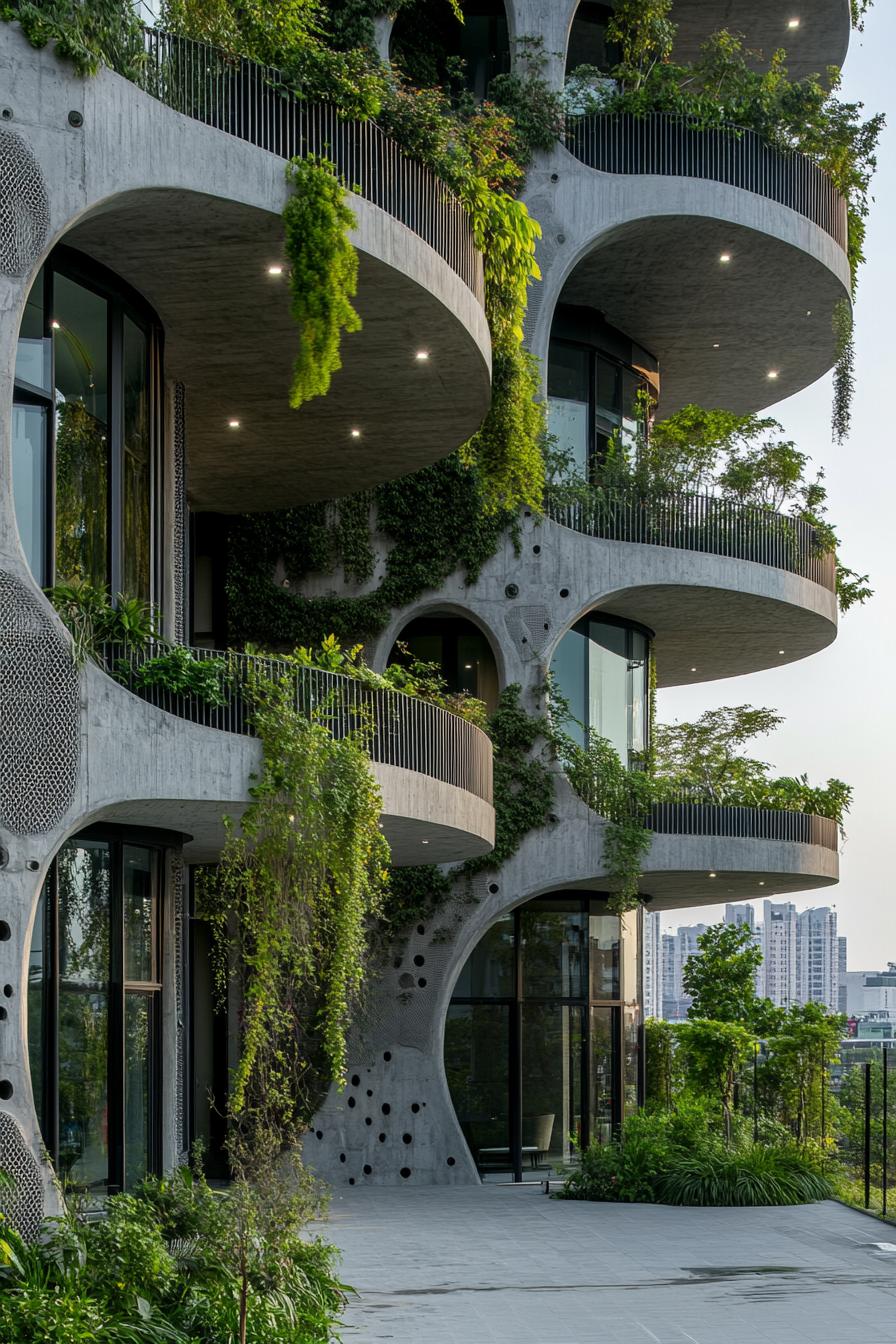 Modern building with curved balconies and lush greenery