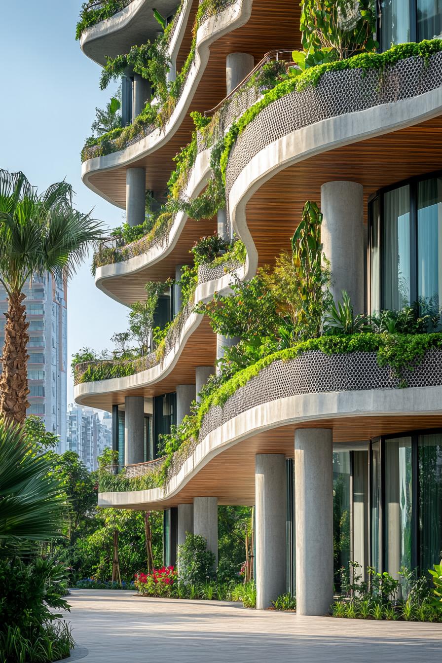 Curved balconies with lush greenery