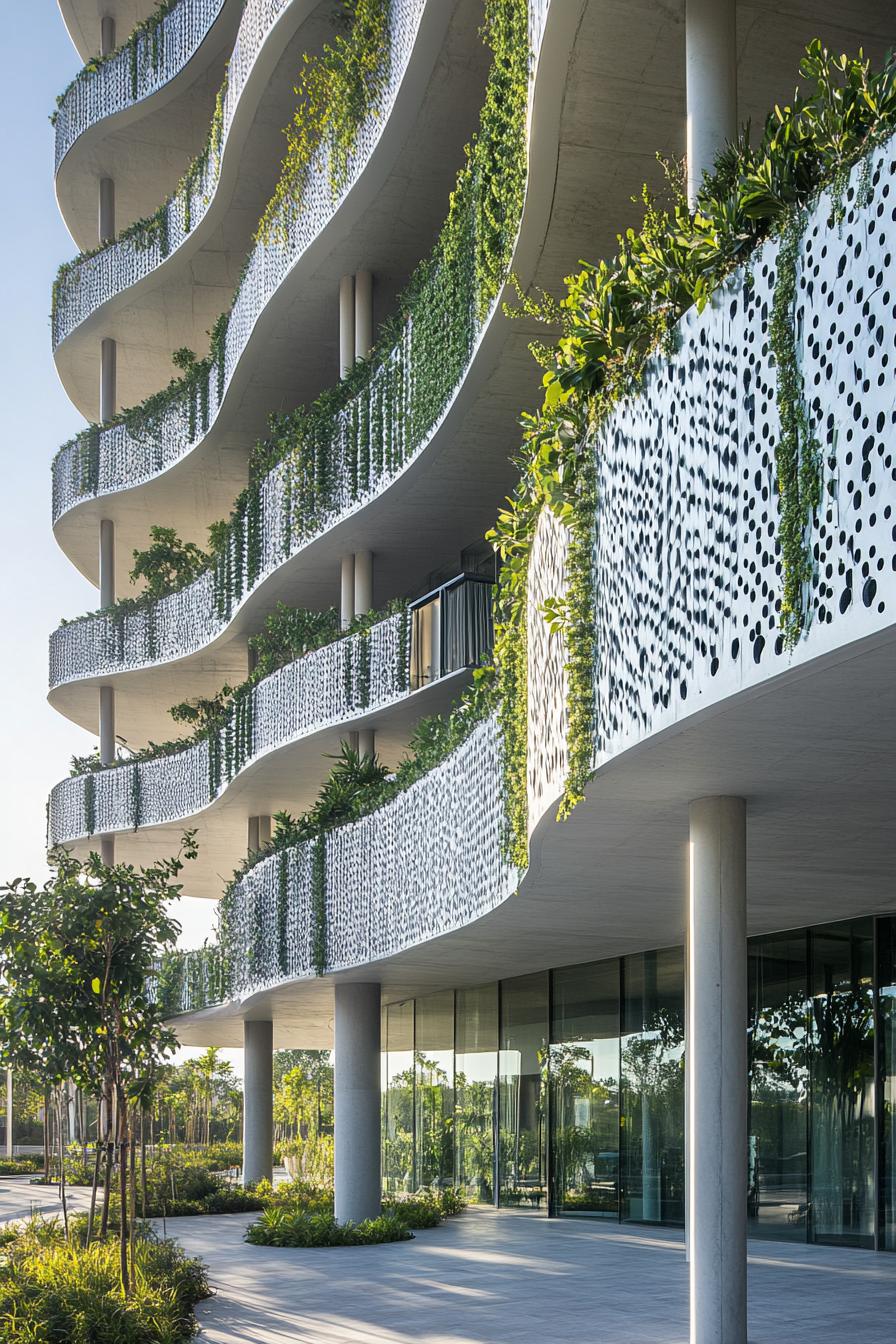 Curved façade with plants and perforated panels