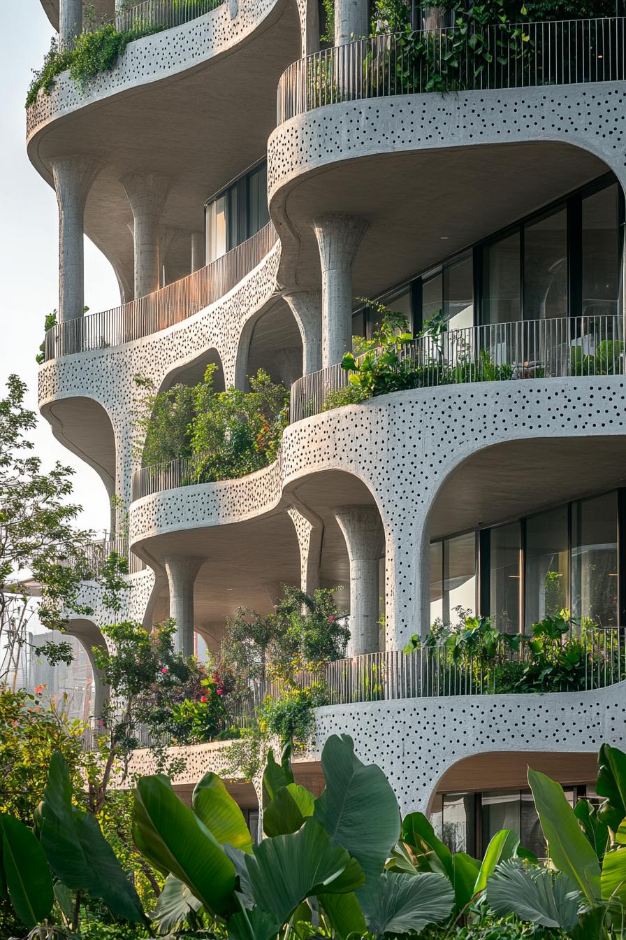 Modern building with curved balconies and lush greenery