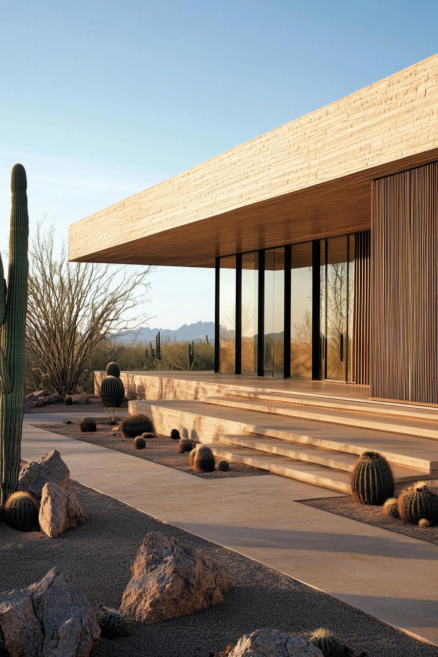 Modern villa with large windows and cacti landscaping