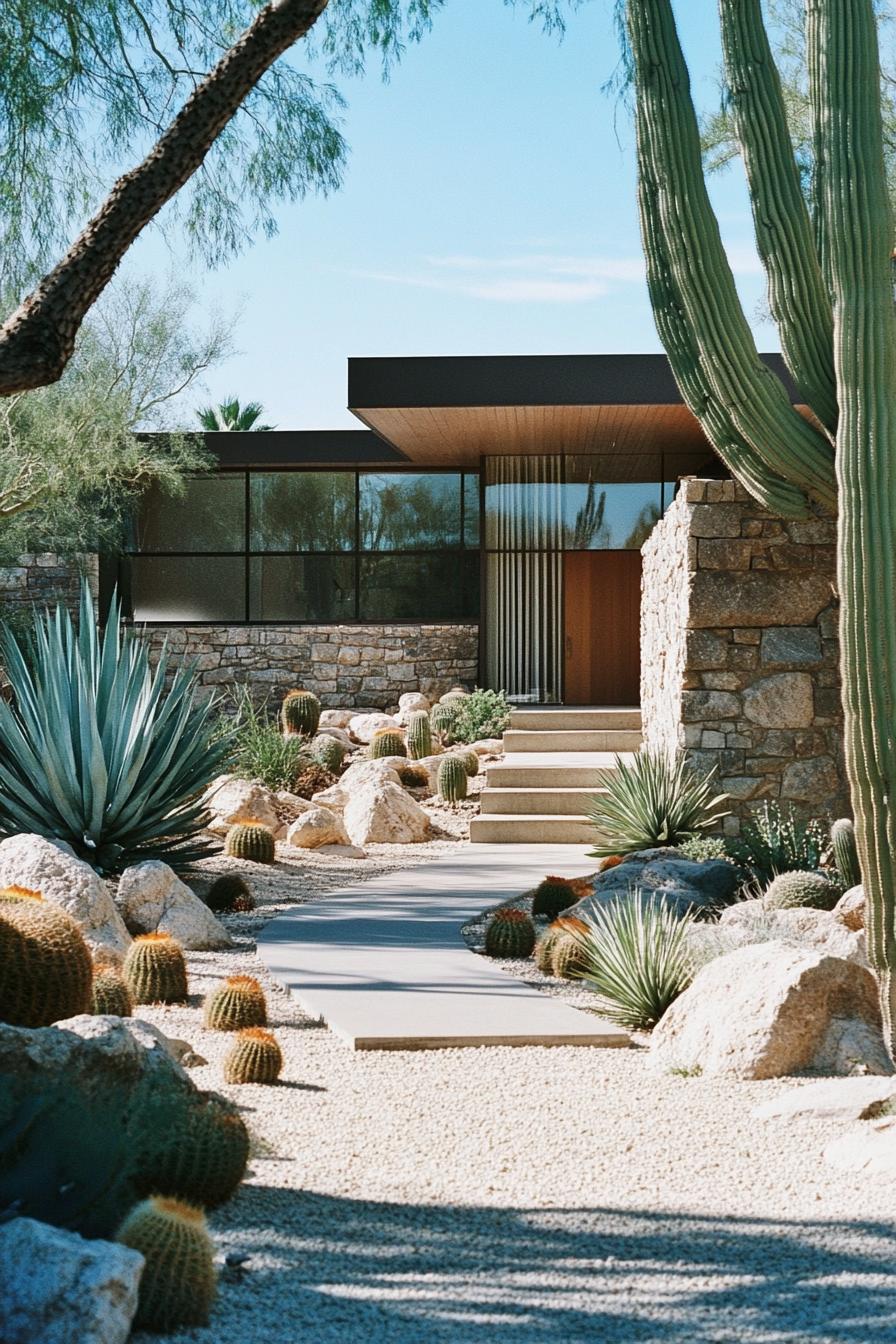 Modern house with stone walls and desert landscaping