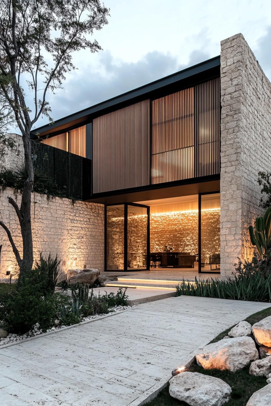 Modern villa with stone exterior and large glass windows