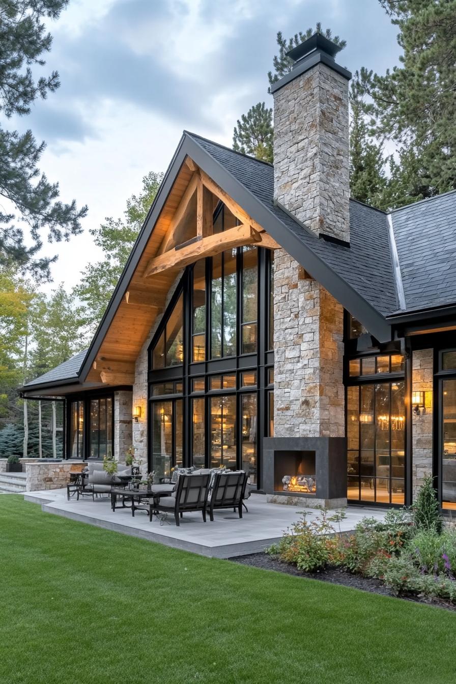 Modern farmhouse with stone chimney and large windows