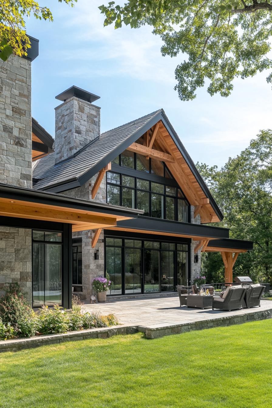 Modern farmhouse exterior with a cozy patio