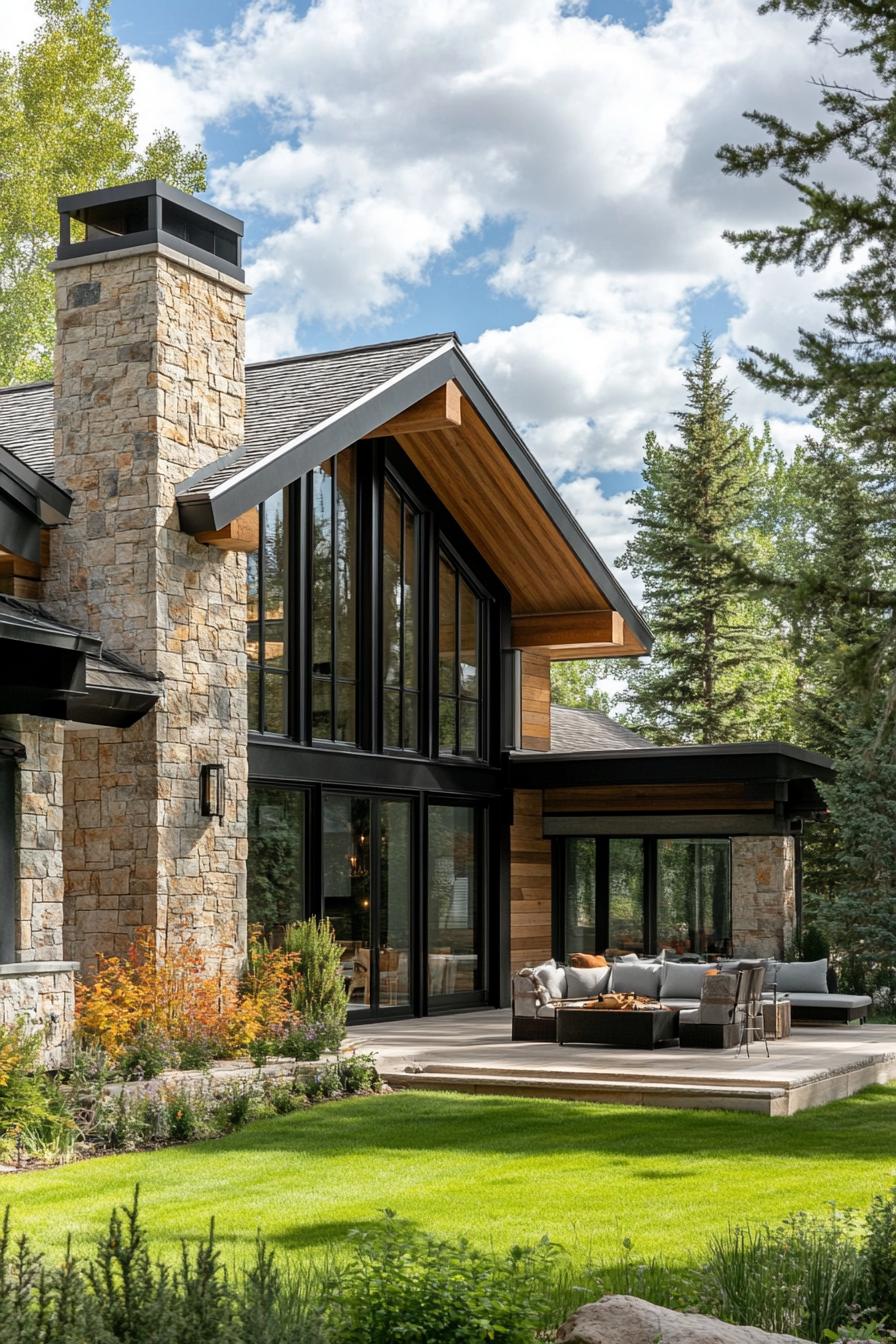 Modern farmhouse with large windows and a stone chimney