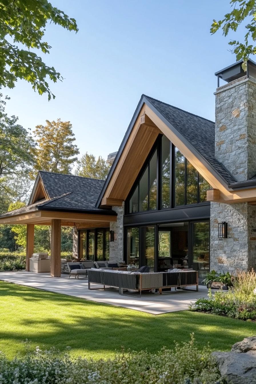 Modern farmhouse with stone walls and large windows