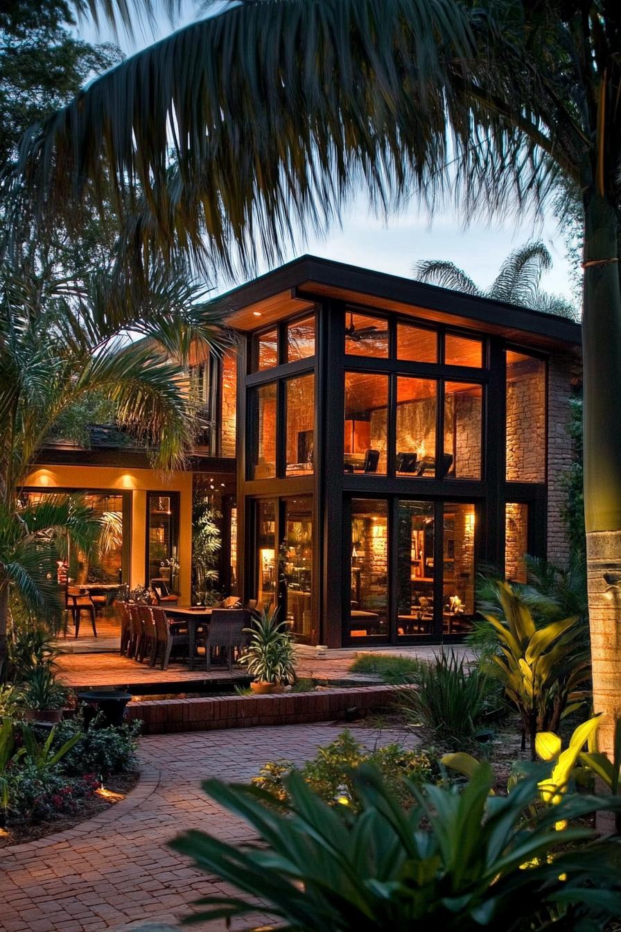 Modern tropical house with large glass windows surrounded by palm trees