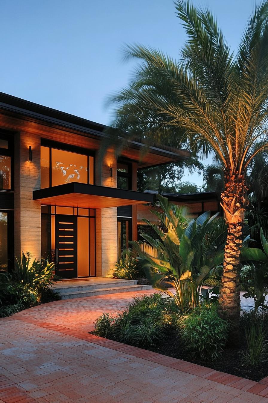 Modern house exterior with palm trees and warm lighting