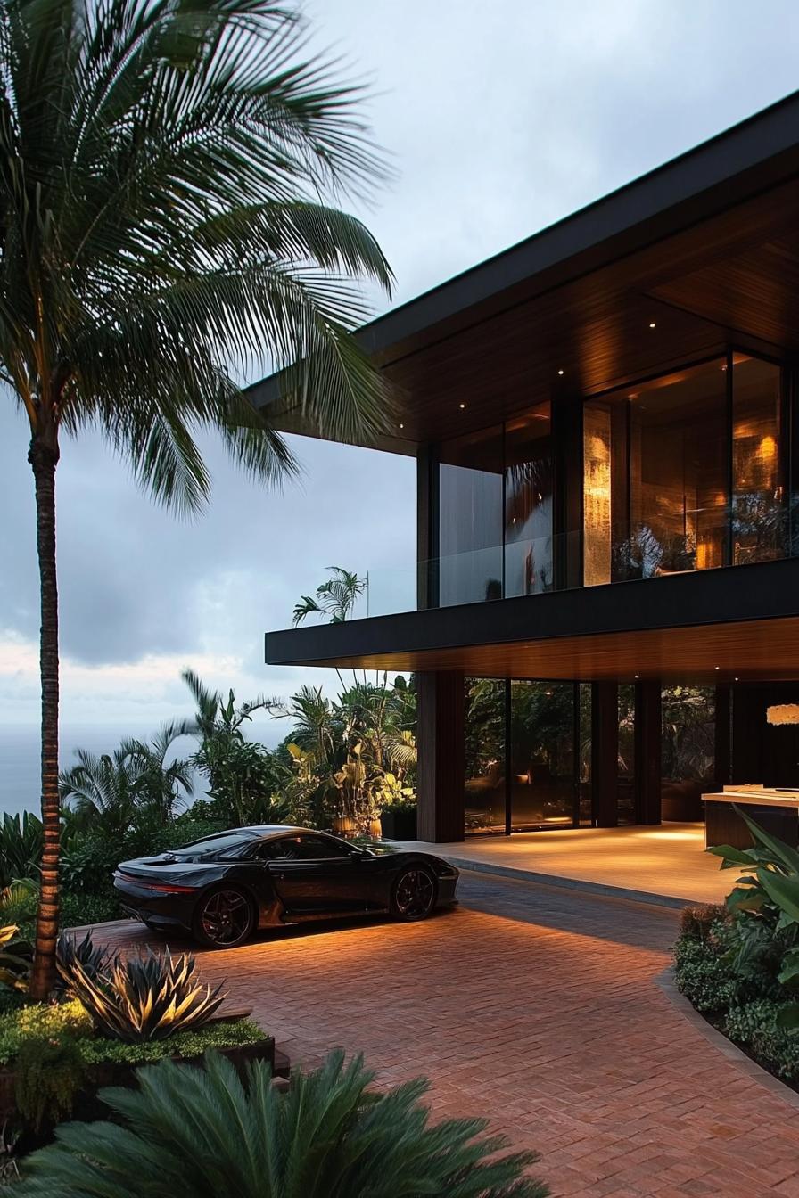 Luxury house surrounded by lush greenery and ocean view