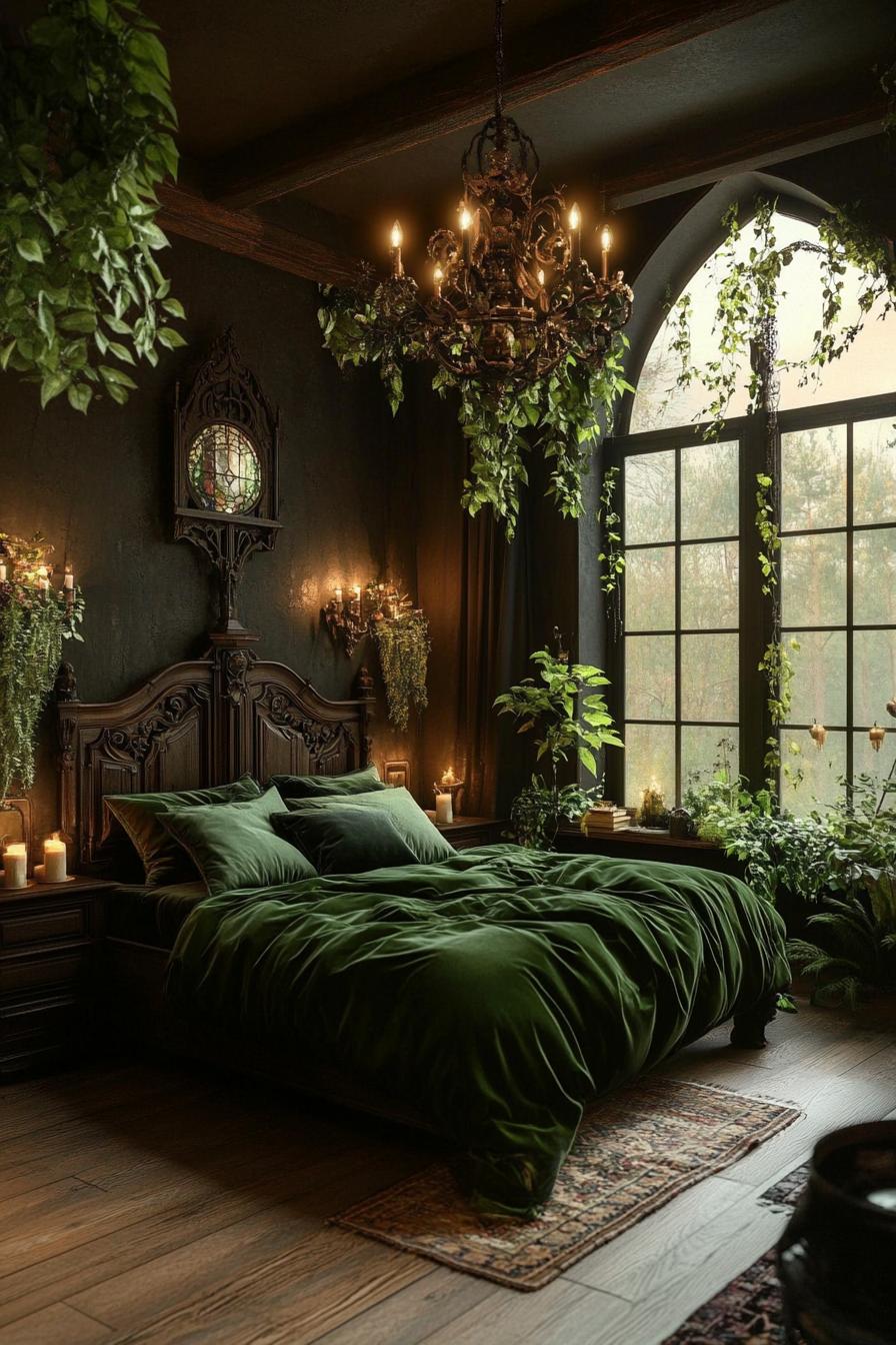 Dark, cozy bedroom with lush greenery and wood accents