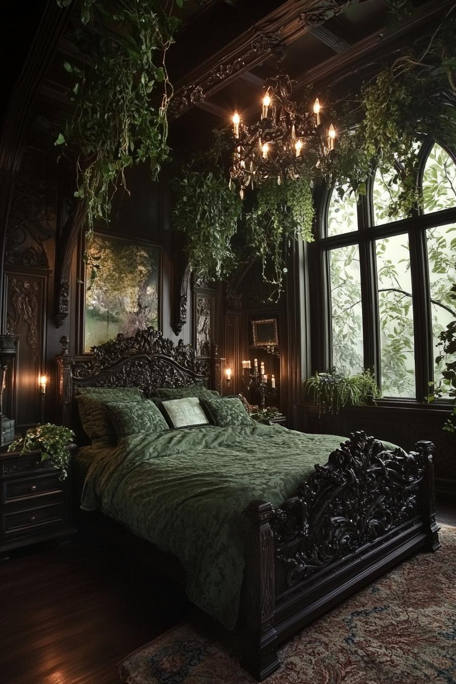 Dark wood bedroom with green bedding and hanging plants