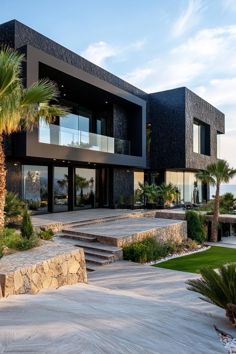 Modern luxury home with black facade and lush greenery