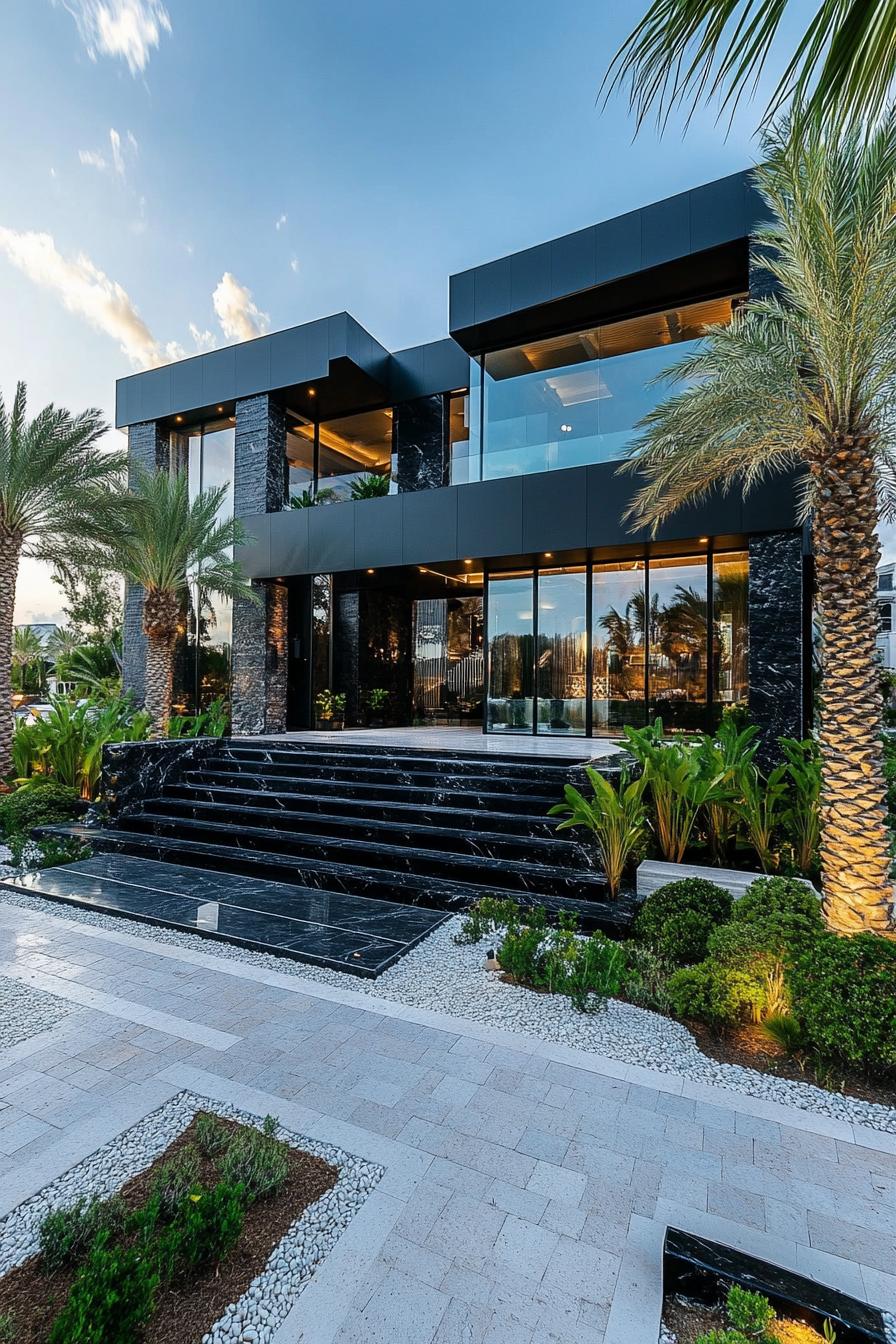 Modern luxury home with palm trees and glass facade at dusk