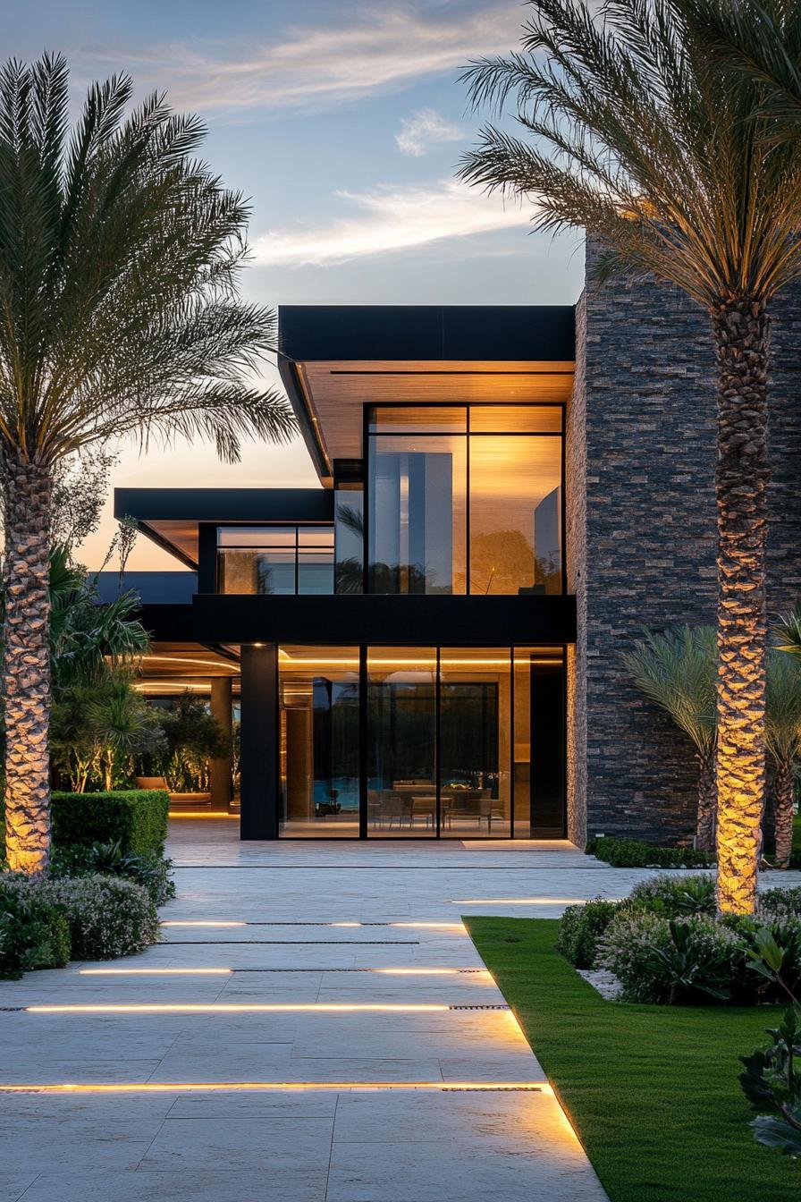 Contemporary home framed by palm trees during evening