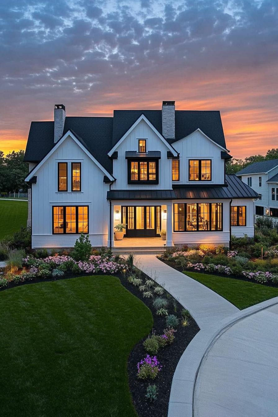 Elegant white house with a beautiful sunset backdrop