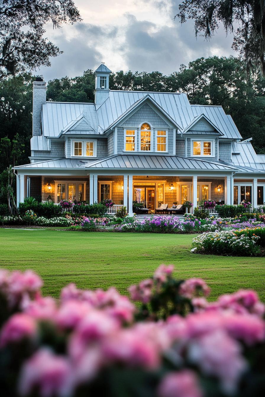 Charming house with a tin roof surrounded by vibrant gardens