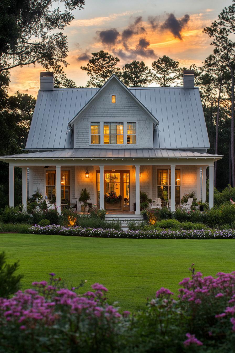 Charming white cottage with a wrap-around porch at sunset