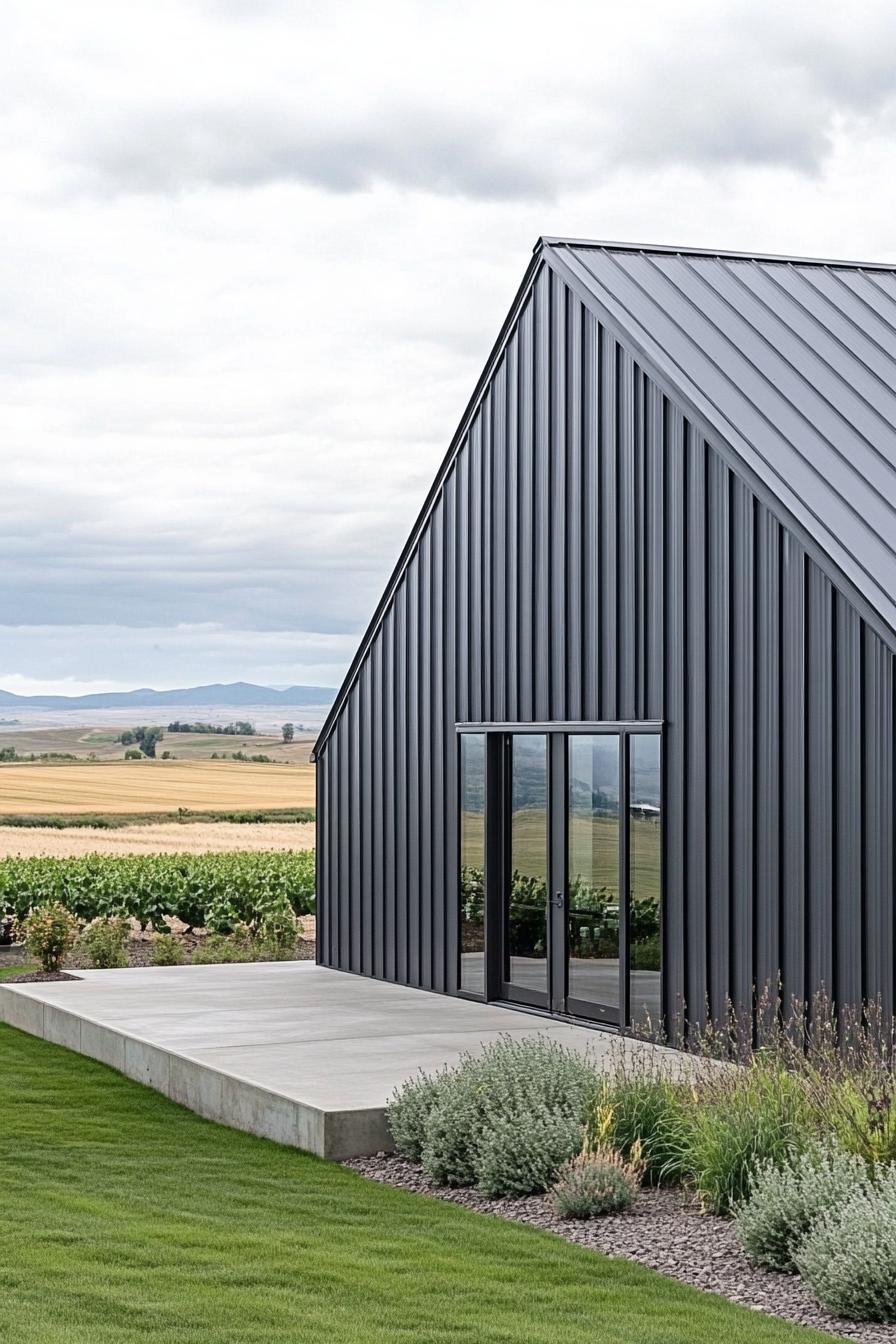 Modern metal building with large glass doors