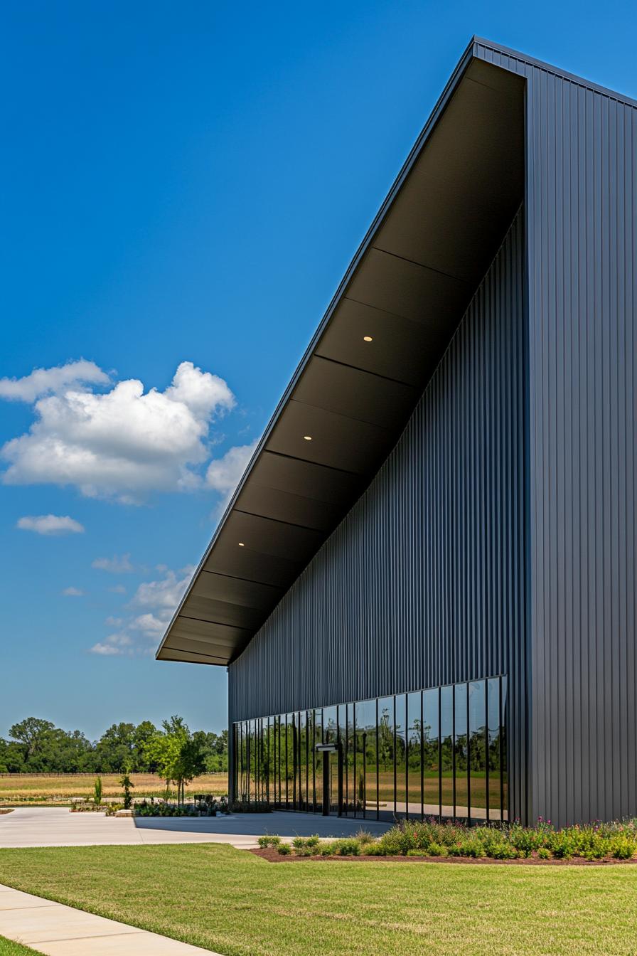 Modern steel building with large windows and a vast roof