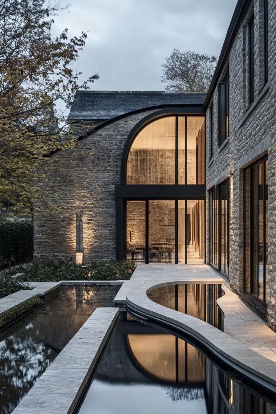 Modern stone house with large arched windows and reflecting pool