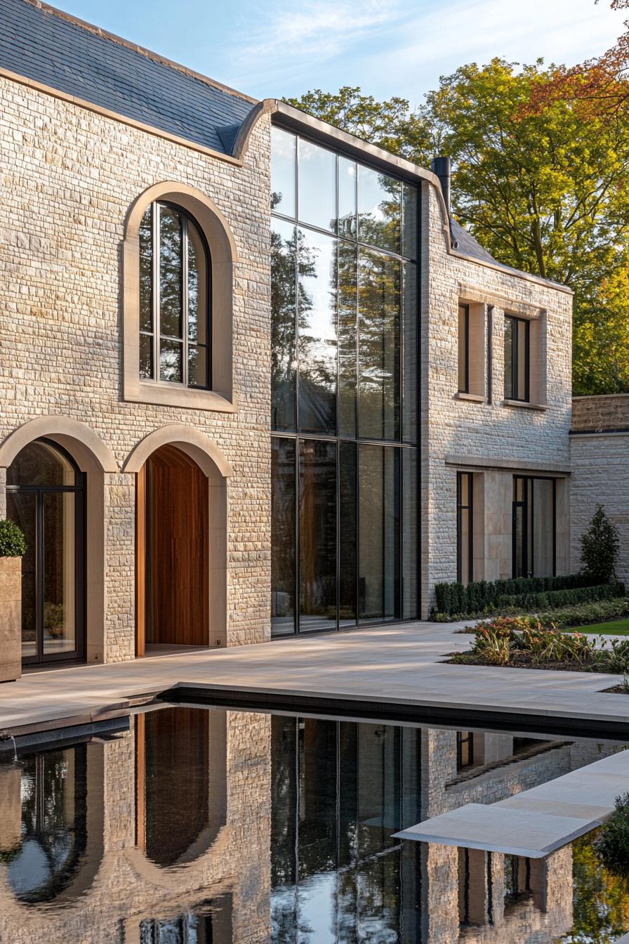 Modern stone and glass British house with a sleek pool