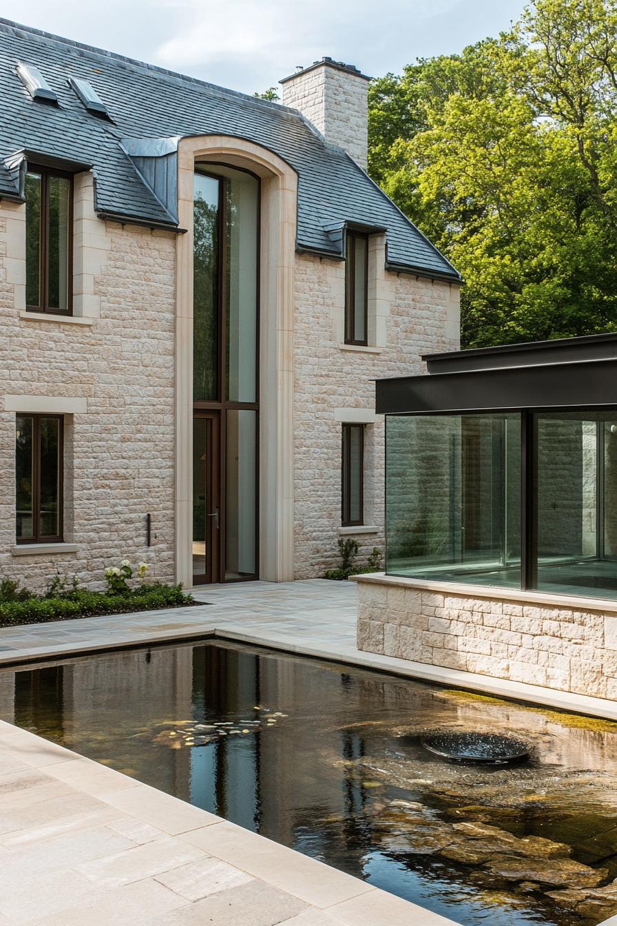 Modern British house with stone facade and tranquil pond