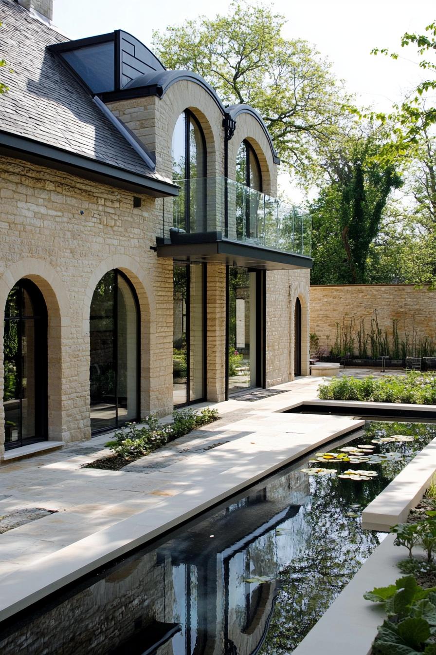 Stone house with arched windows and garden reflections in the pond