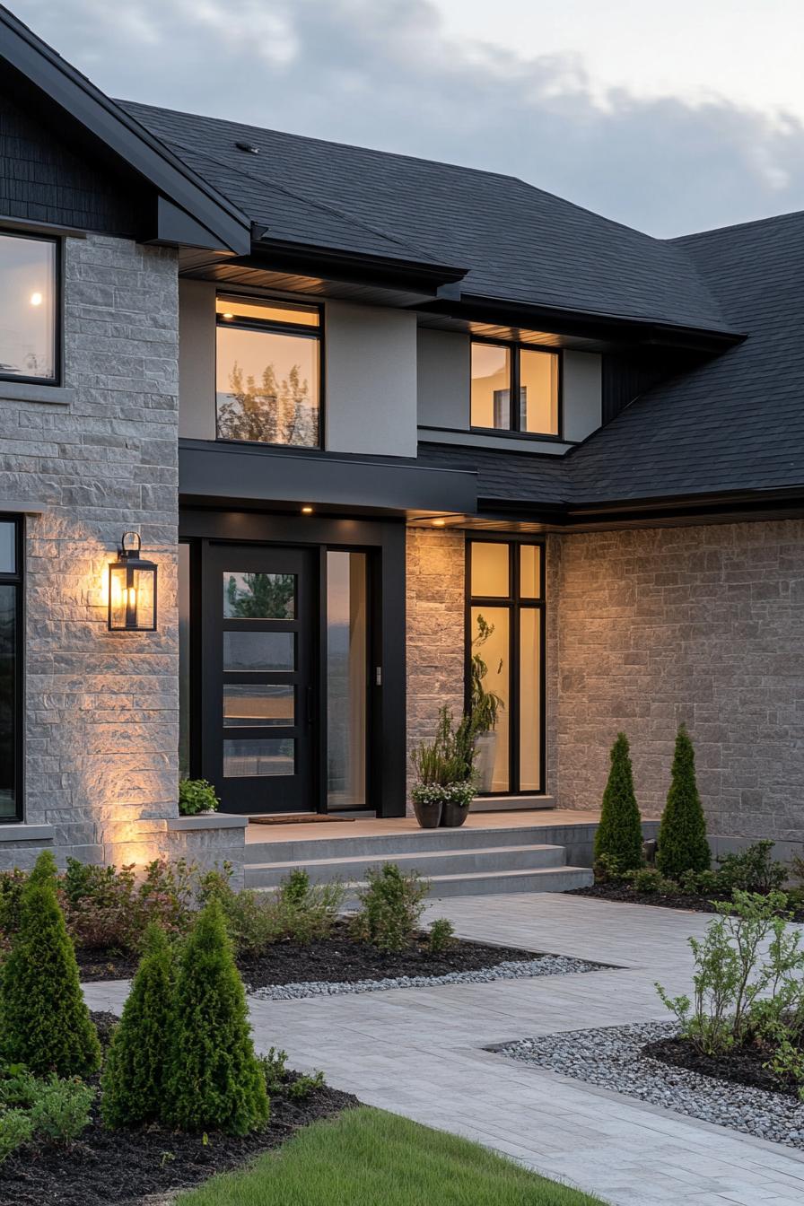 Modern stone house with sleek black accents and warm, inviting lighting