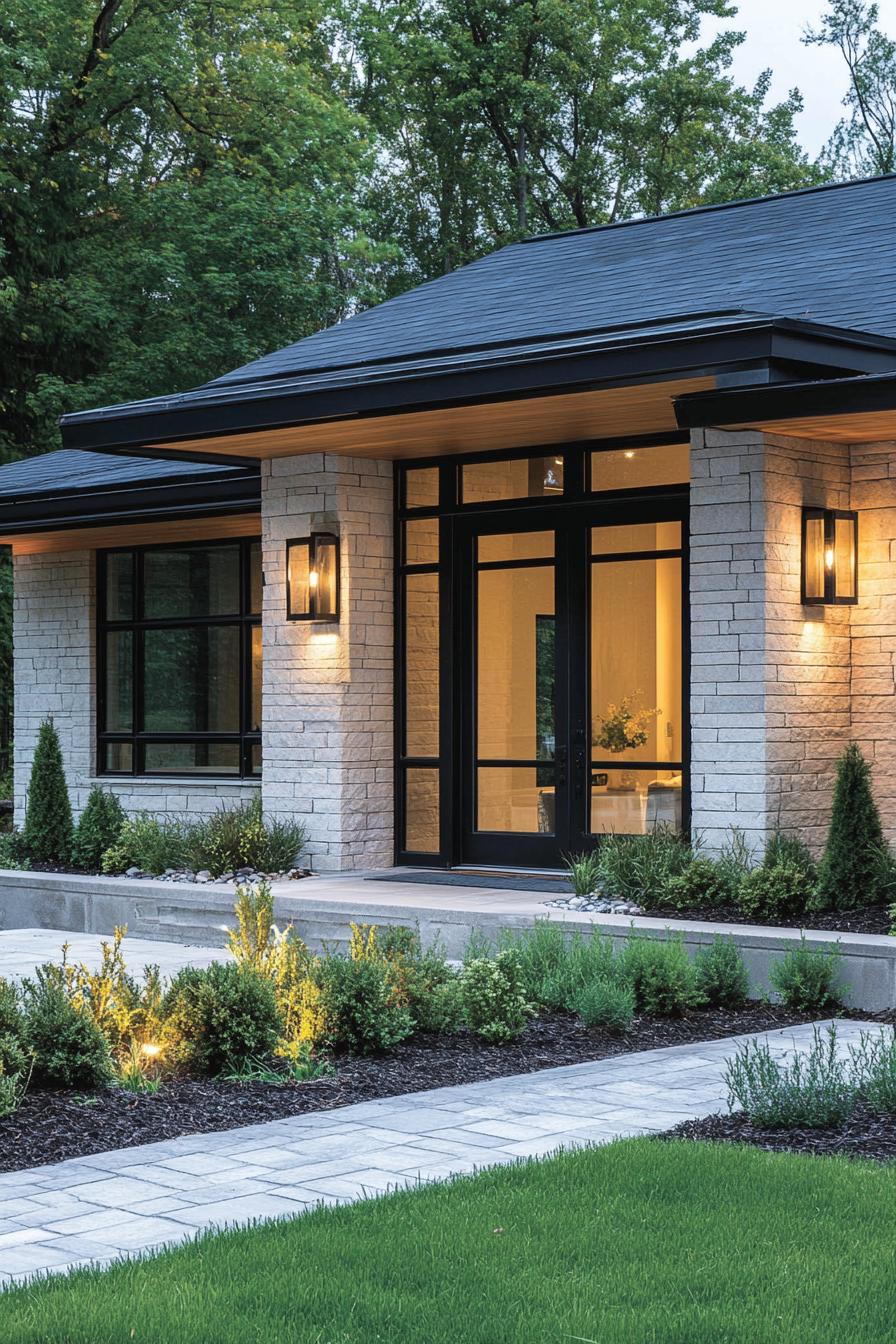 Contemporary stone house exterior with glass doors and lush landscaping