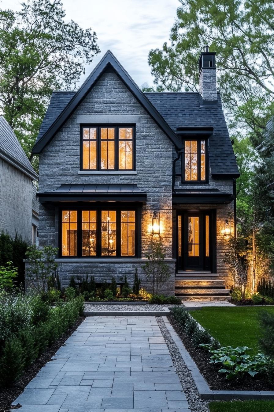 Stone house with glowing windows and a paved path