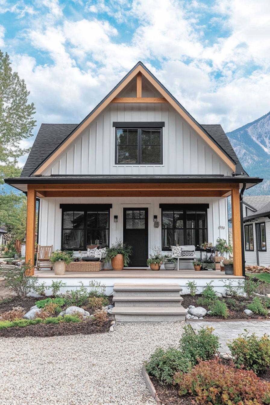 Charming white farmhouse with a cozy porch and mountain backdrop