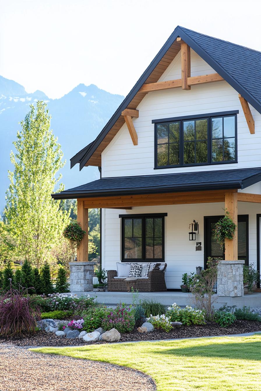 Wooden farmhouse porch with mountains in the background