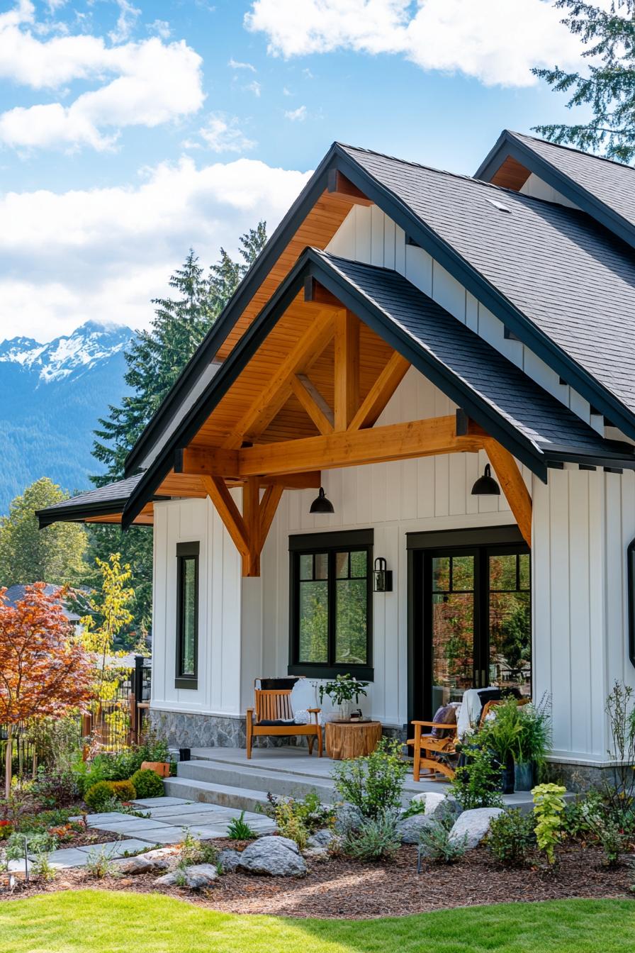 Charming cabin with wooden beams and mountain backdrop