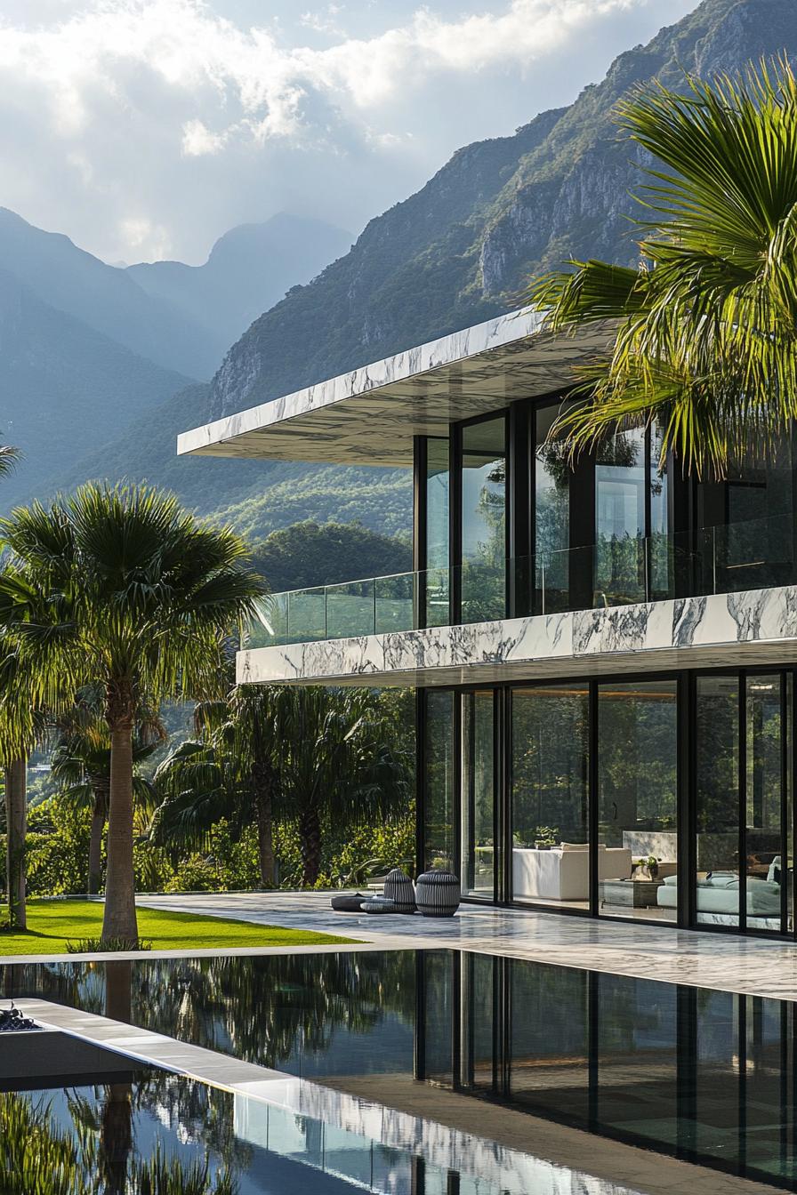 Modern house with glass walls and scenic mountain backdrop