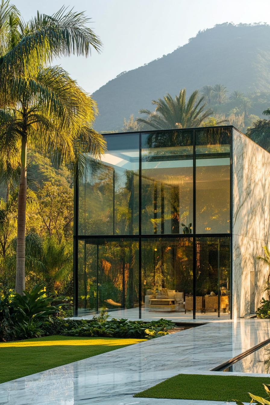 Sleek modern house with glass walls and palm trees