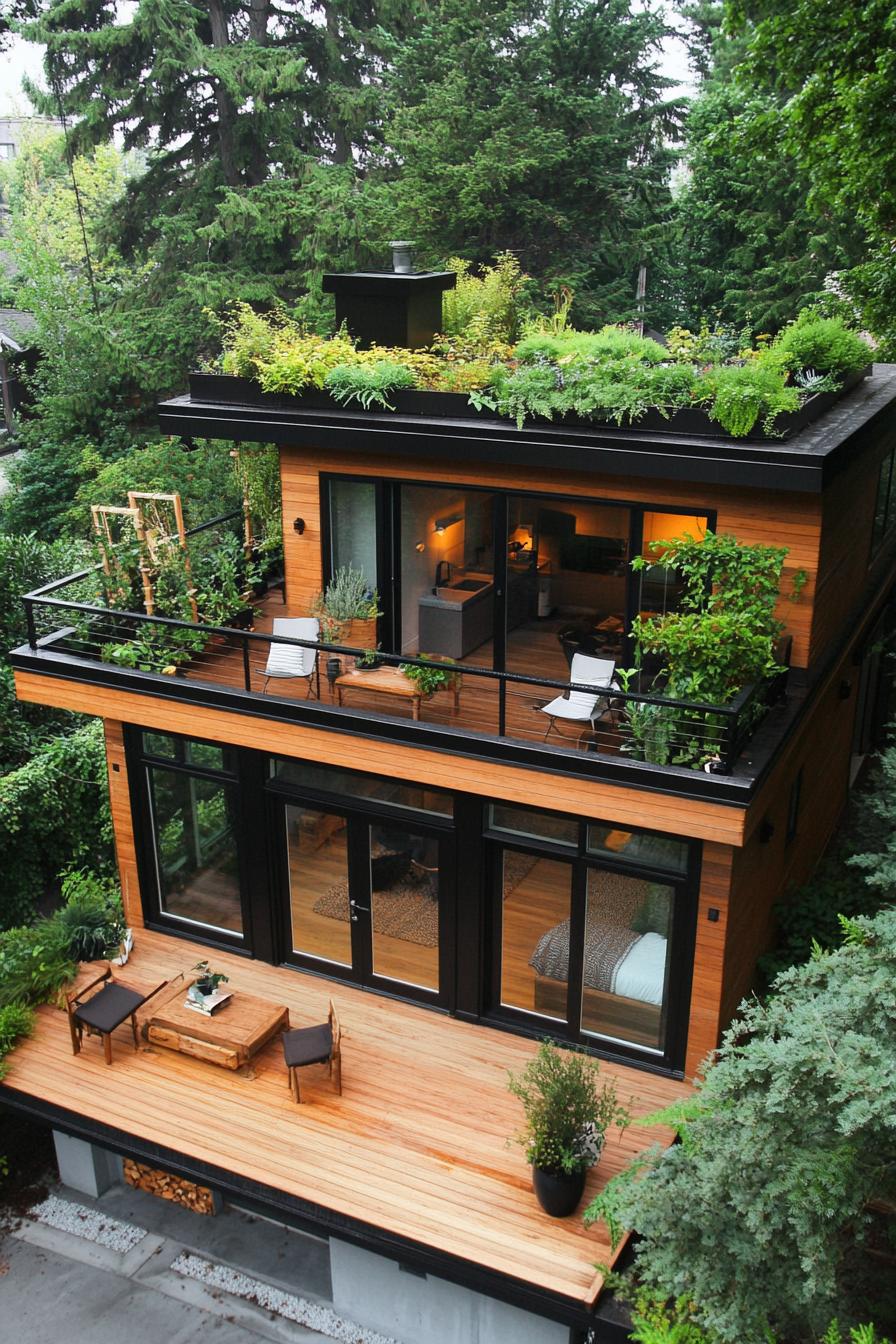 Modern house with a lush green roof and wooden deck