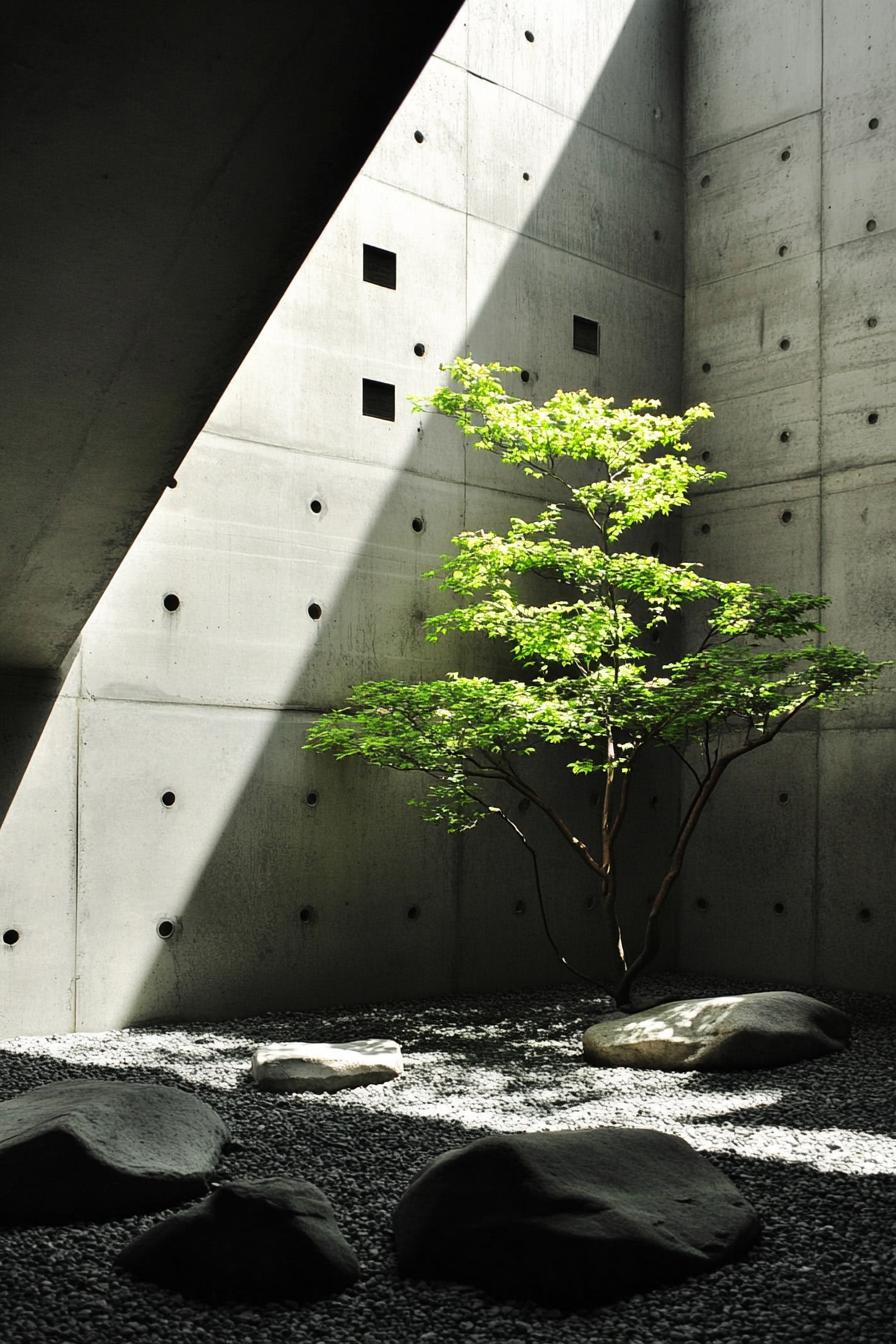 Small tree with sunlight in a concrete courtyard