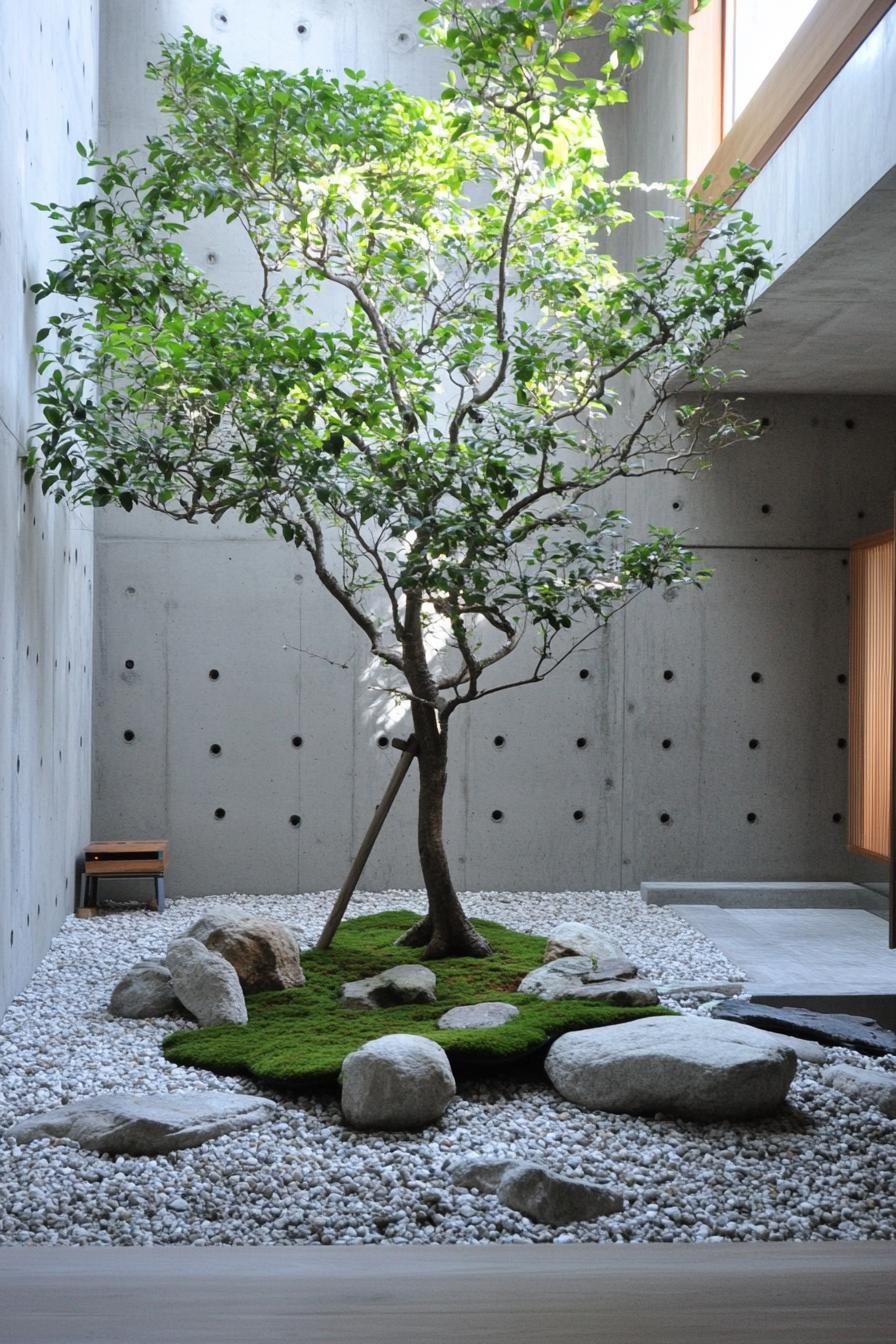 Modern Japanese courtyard with single tree and rocks