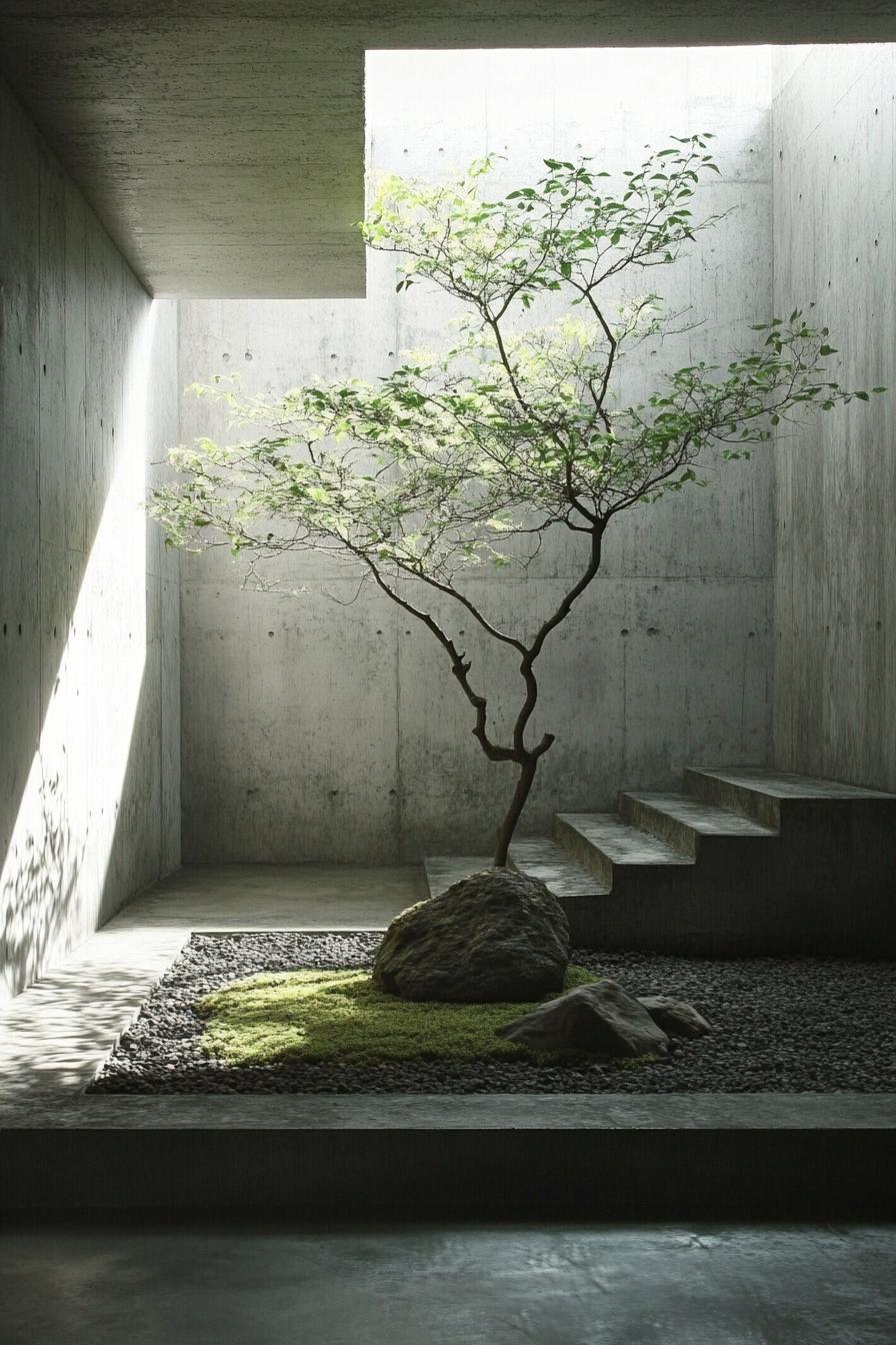 Minimalist courtyard with a tree and stone in a Japanese house