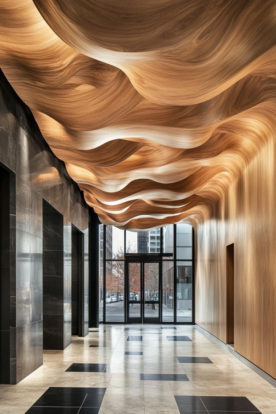 Modern lobby with wooden wave ceiling and marble floor