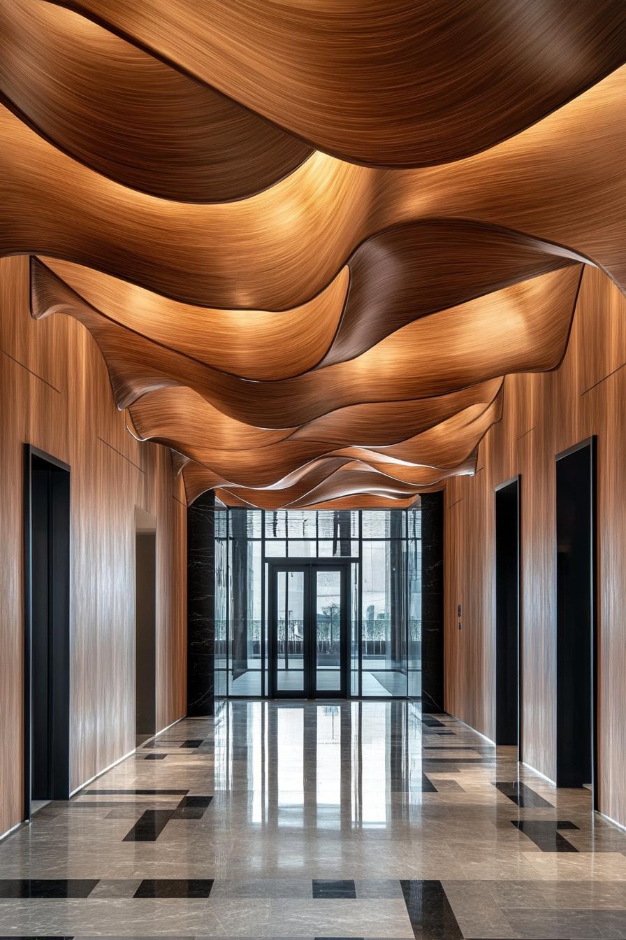 Lobby with curvy wooden ceiling and glossy floor