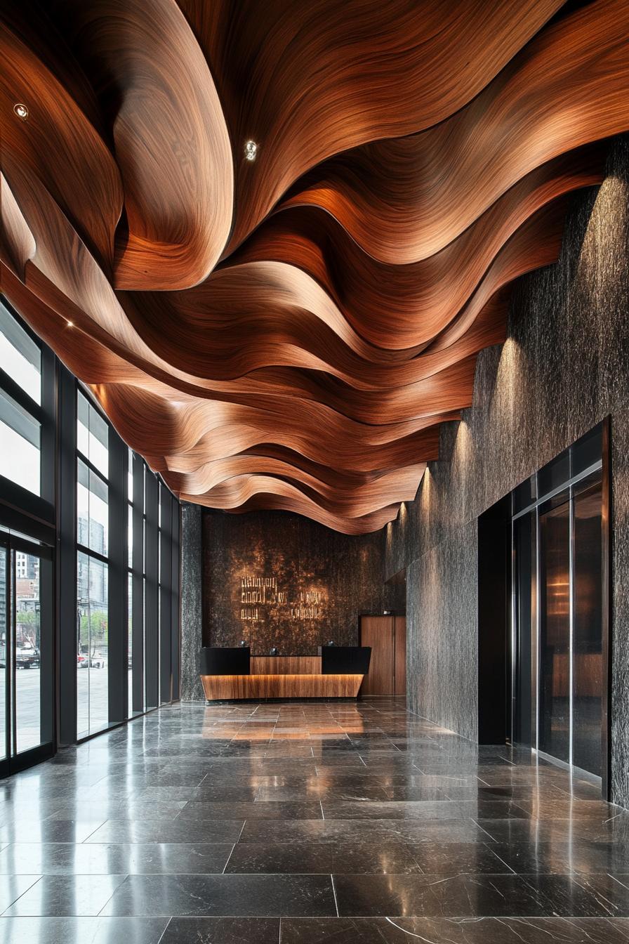 Lobby with wavy wooden ceiling and marble flooring