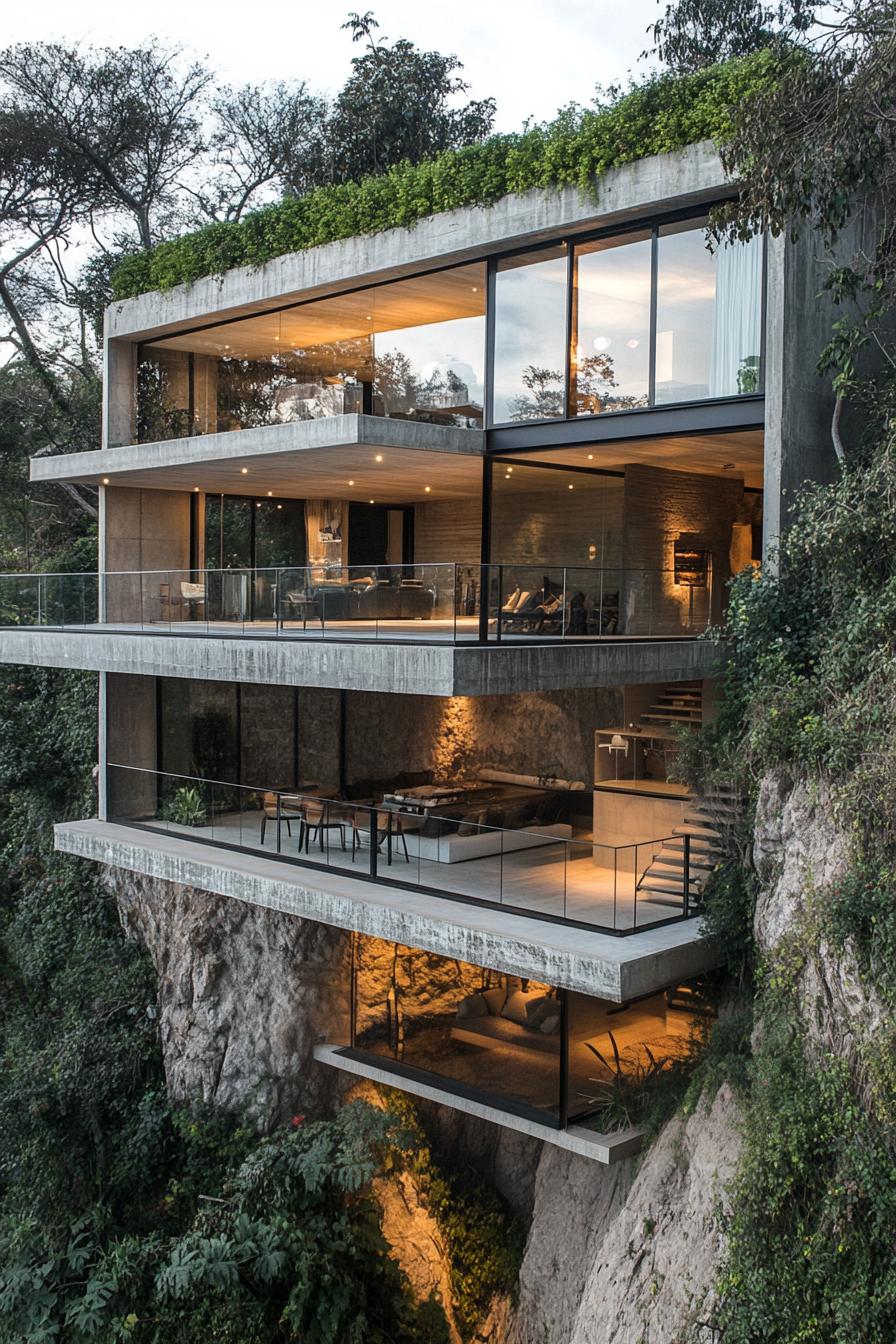 Cliffside house with multiple levels and large glass windows