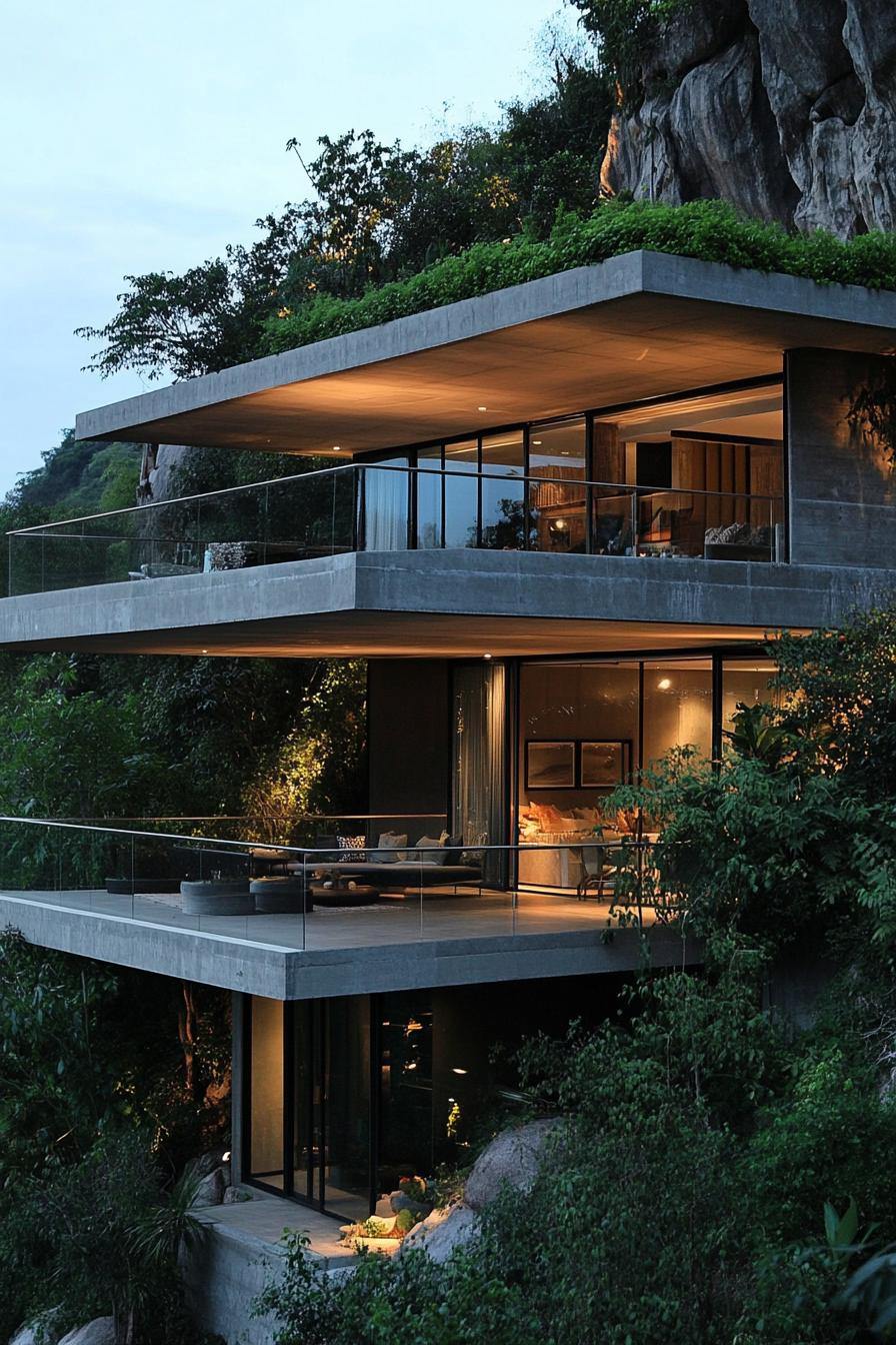 Modern house perched on a hillside with glass walls and lush greenery