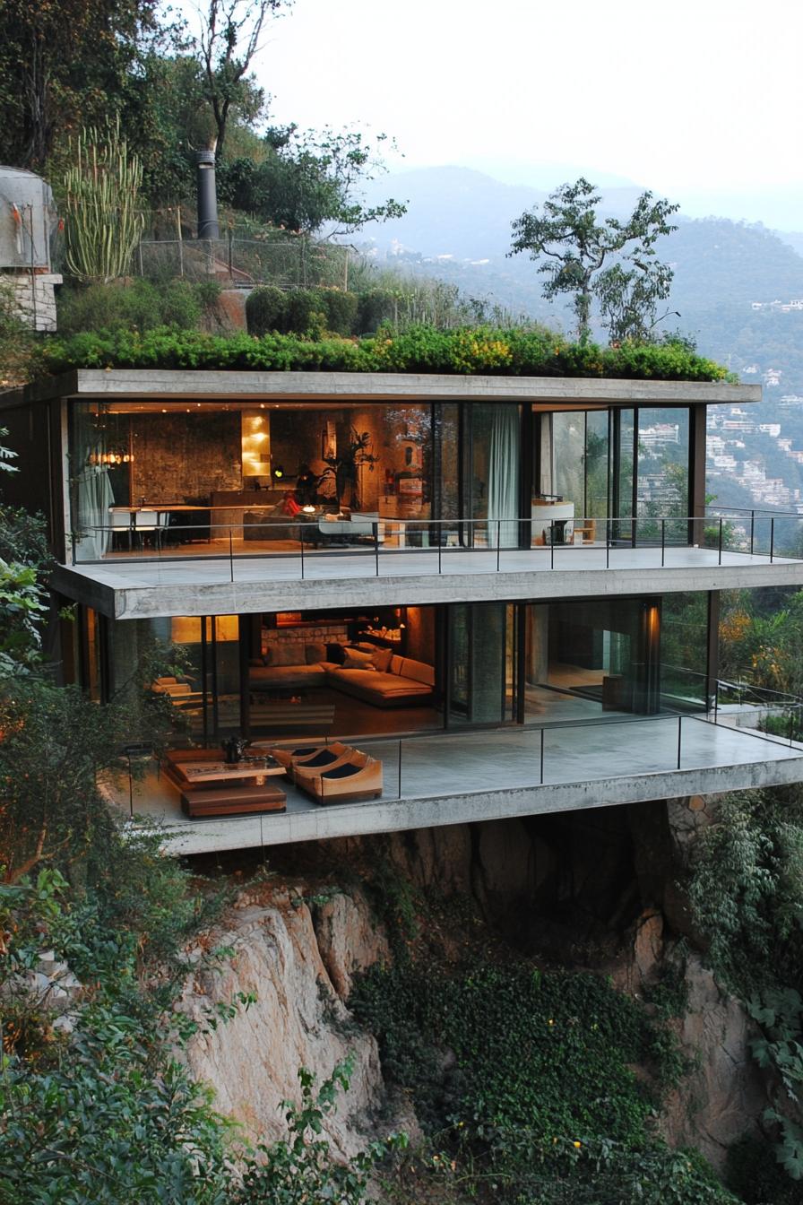 Two-story modern house on a hillside with glass walls and a rooftop garden