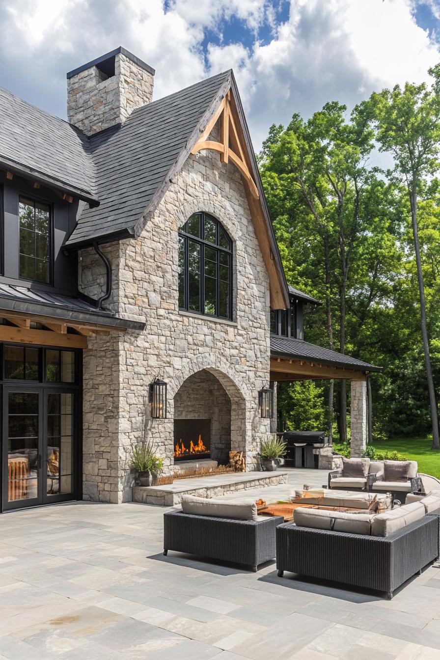 Modern stone barn with outdoor seating and fireplace