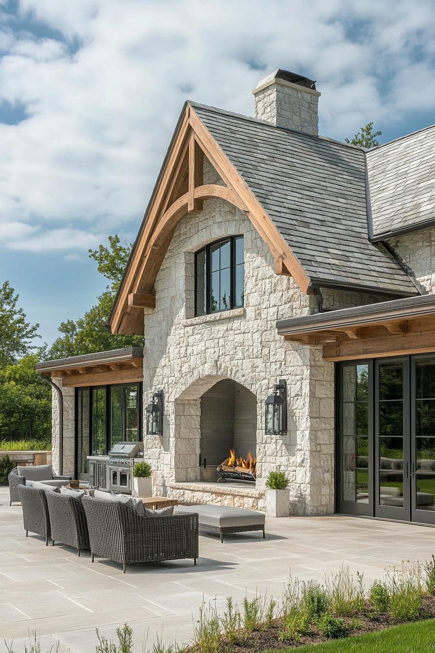 Modern stone barn with outdoor fireplace and patio seating