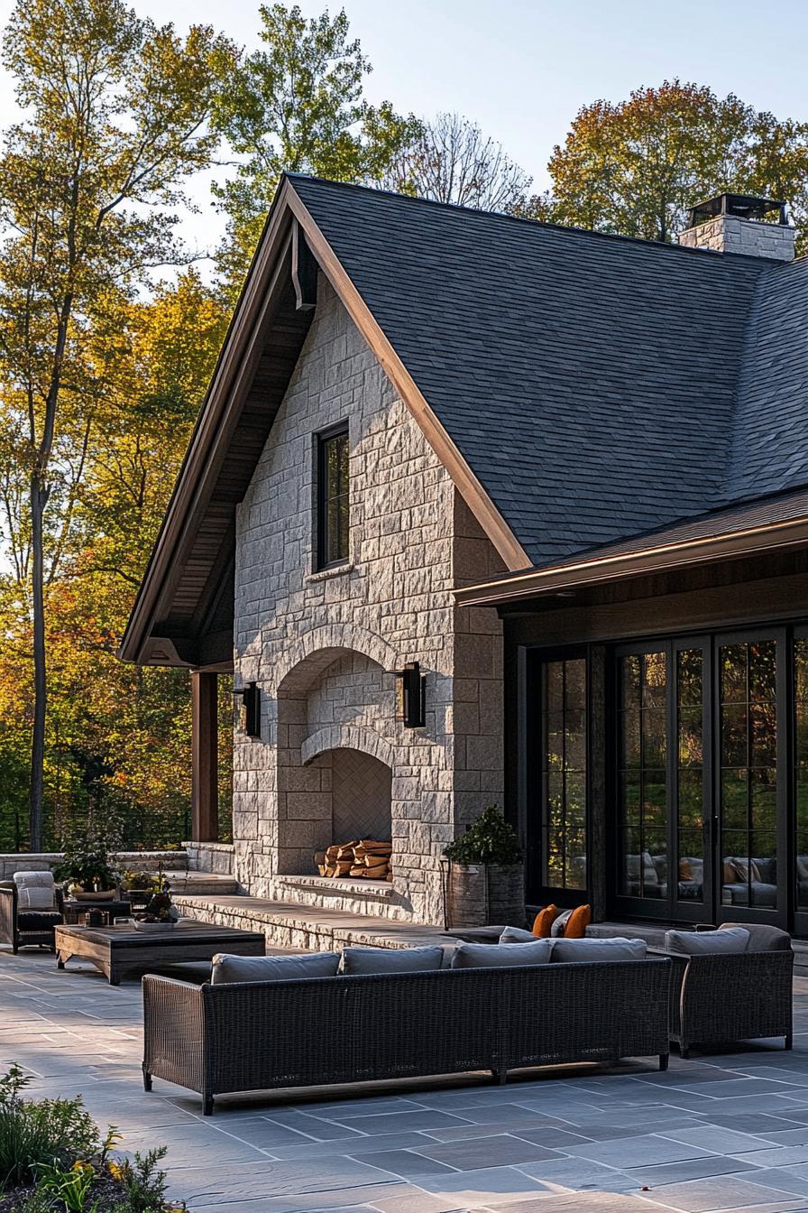 Modern stone barn with large patio and seating