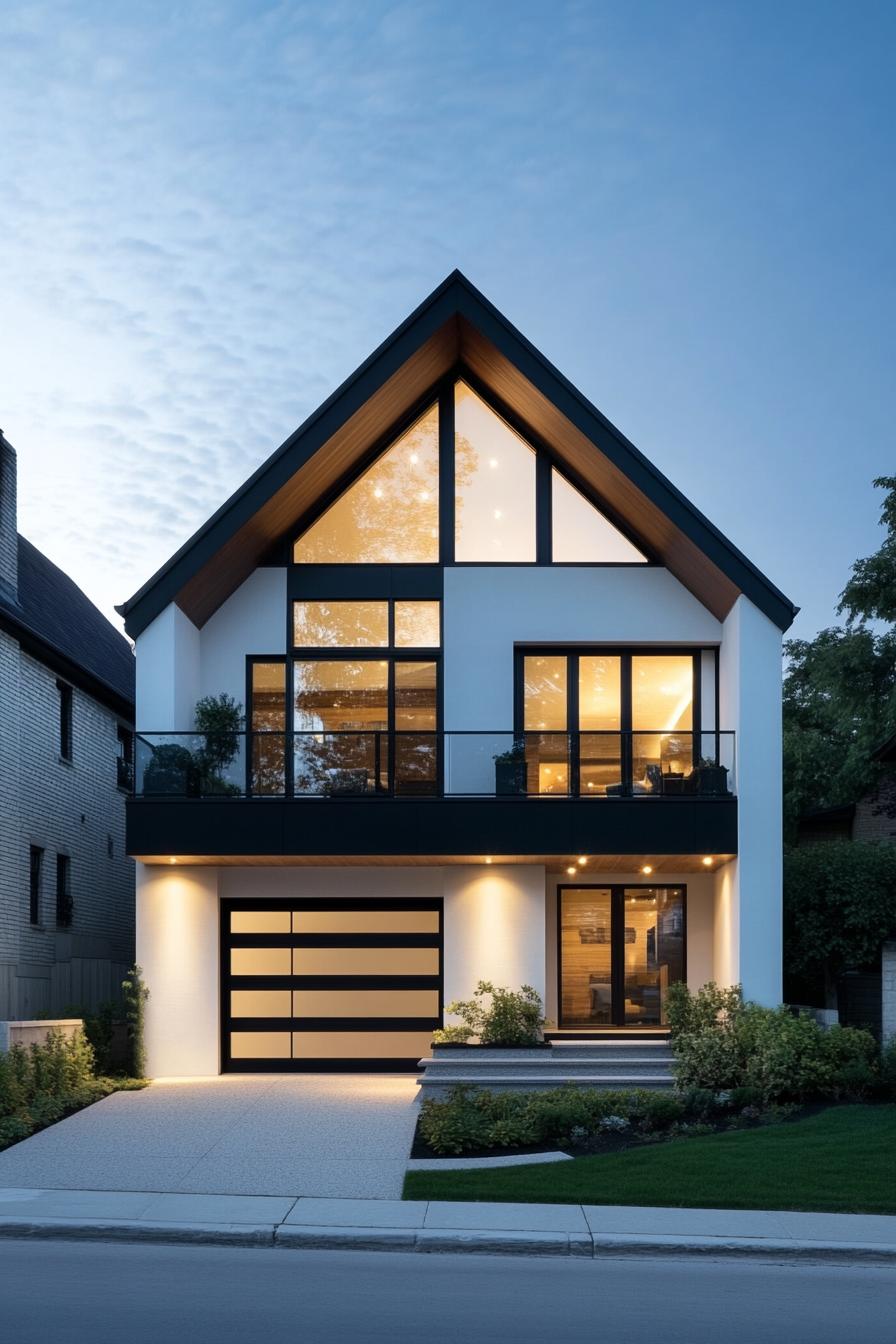 Modern A-frame house with large windows and evening lights